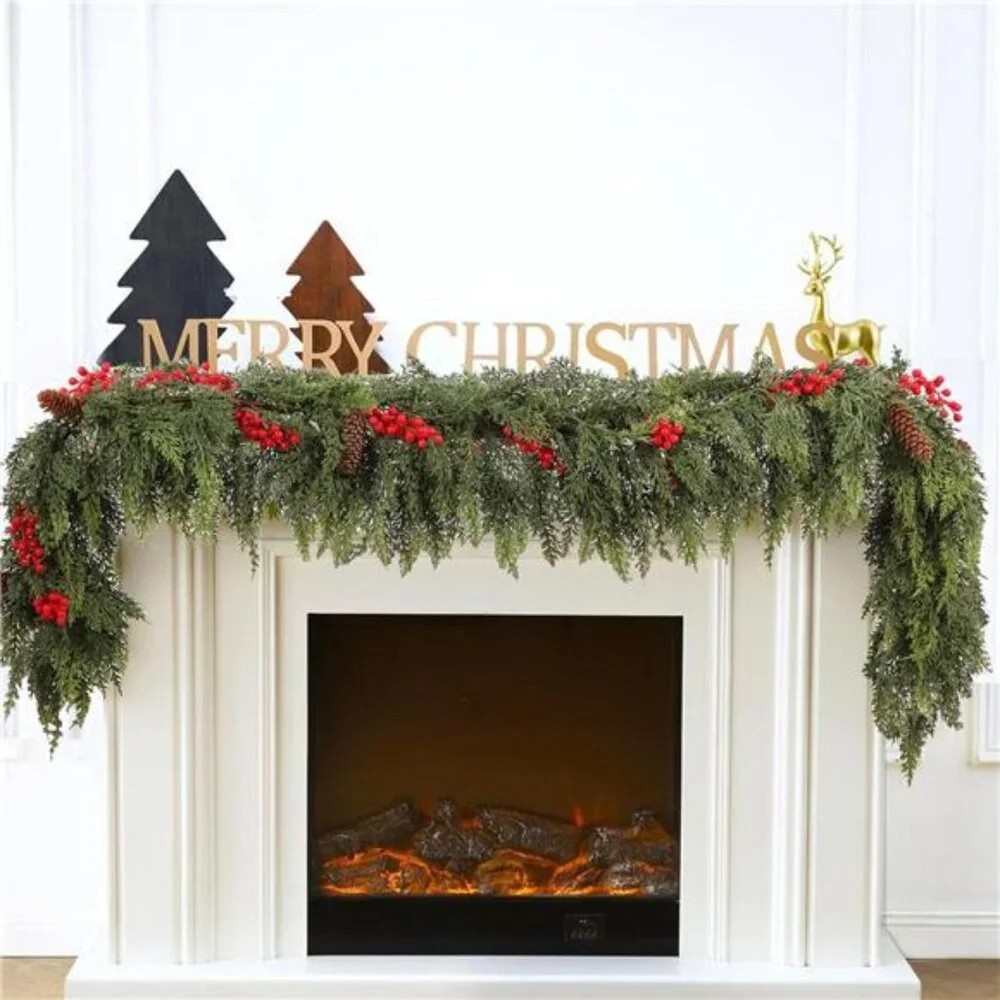 6ft Christmas Cedar Garland with Artificial Red Fruits and Pine Cones, Soft